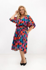 Sukienka Arie w kolorowe koła z paskiem | 100% wiskoza | OVERSIZE PLUS SIZE LATO
