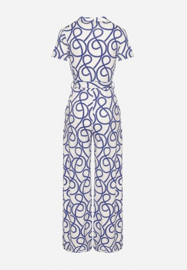 Niebieski Kombinezon z Wiskozą o Kopertowym Kroju w Abstrakcyjny Wzór Evivira