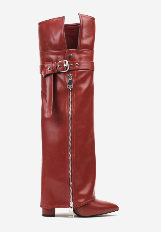 Bordowe Kozaki Kowbojki na Słupku Ozdobione Suwakiem Klamrą i Wywiniętą Cholewką Kelvila