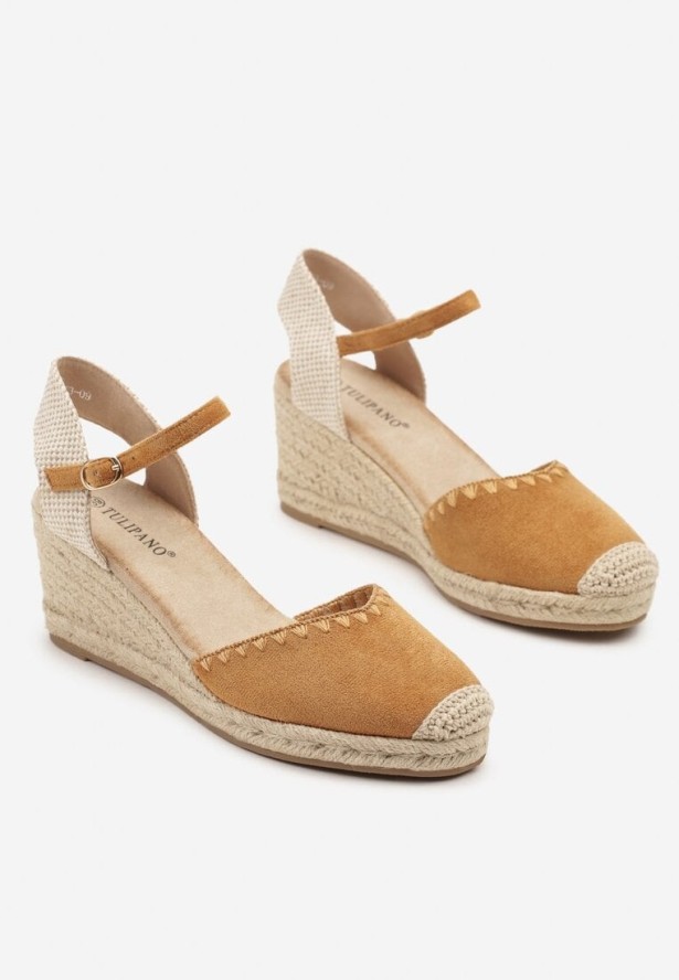 Brązowe Sandały w Stylu Espadryli na Koturnie z Plecionką Meralissea