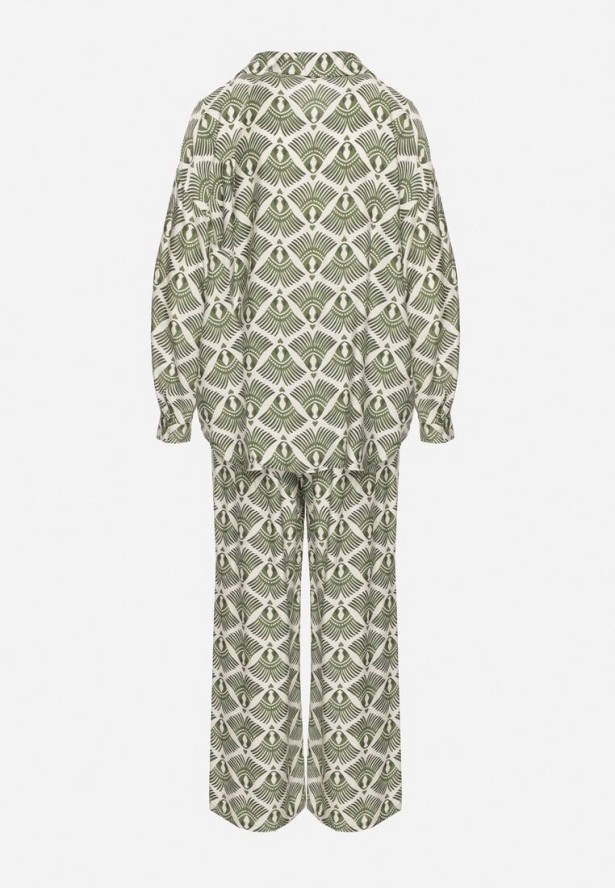 Zielony Wiskozowy Komplet w Etniczny Wzór Koszula i Spodnie Desaviana