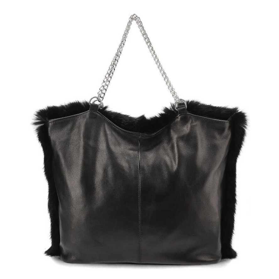 Czarna Torebka Damska Luka-Pelli Z Naturalnym Futrem Z Królika