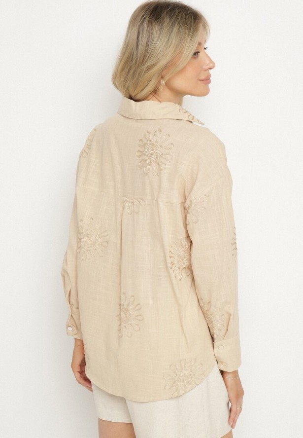 Beżowa Bawełniana Koszula z Lnem Zdobiona Haftem Terkio