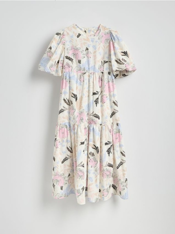 Bawełniana sukienka z bufkami - wielobarwny