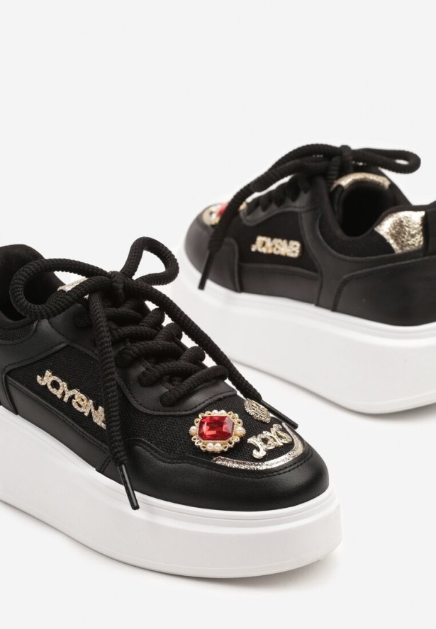 Czarne Sneakersy na Grubej Podeszwie z Cyrkoniami i Brokatem Falissa
