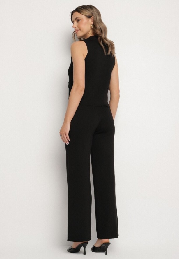 Czarny Komplet Dzianinowy z Kamizelką i Szerokimi Spodniami Weorina