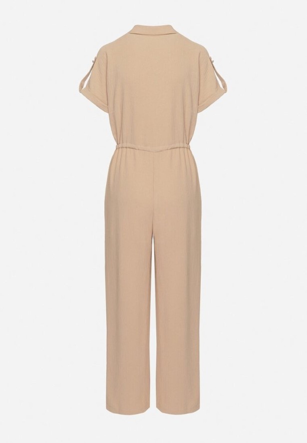 Beżowy Kombinezon o Koszulowym Kroju z Krótkim Rękawem i Wiązaniem w Talii Mareriela