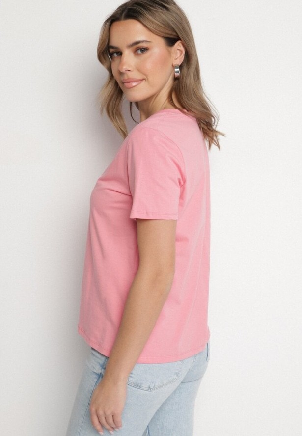 Różowy Bawełniany T-shirt z Dekoltem w V Ninoriana