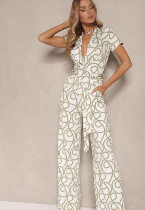 Zielony Kopertowy Kombinezon z Wiskozą Zdobiony Abstrakcyjnym Printem Evivola