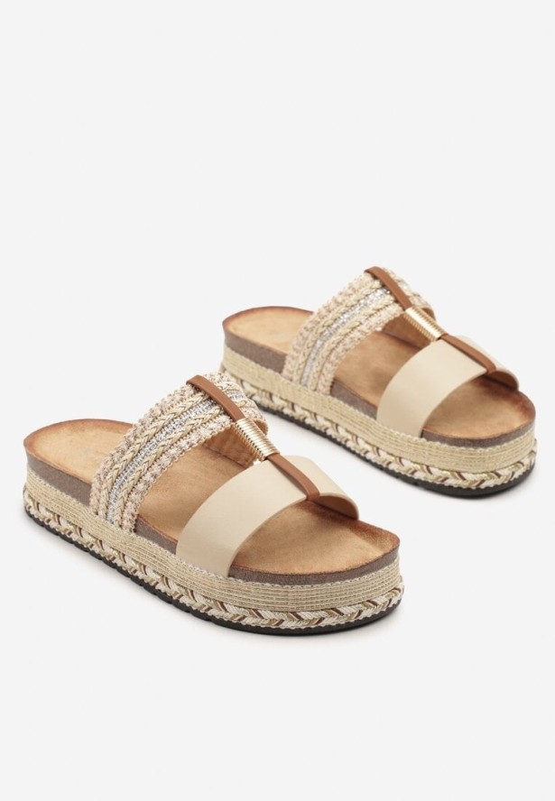 Beżowe Klapki w Stylu Boho Zdobione Plecionką i Metaliczną Nicią Vileldi