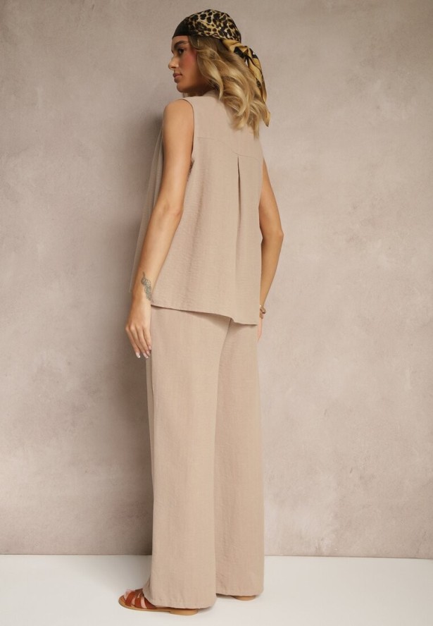 Ciemnobeżowy Komplet Koszula na Guziki bez Rękawów i Szerokie Spodnie Telaritia