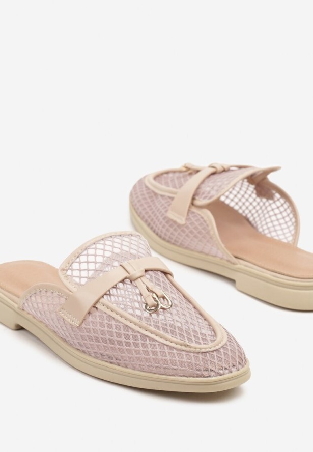 Ciemnobeżowe Transparentne Klapki Mule z Siateczki Zdobione Zawieszką Telianne