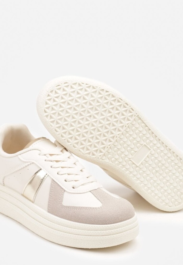 Beżowo-Złote Sznurowane Sneakersy na Grubej Podeszwie z Geometrycznym Motywem Melmi