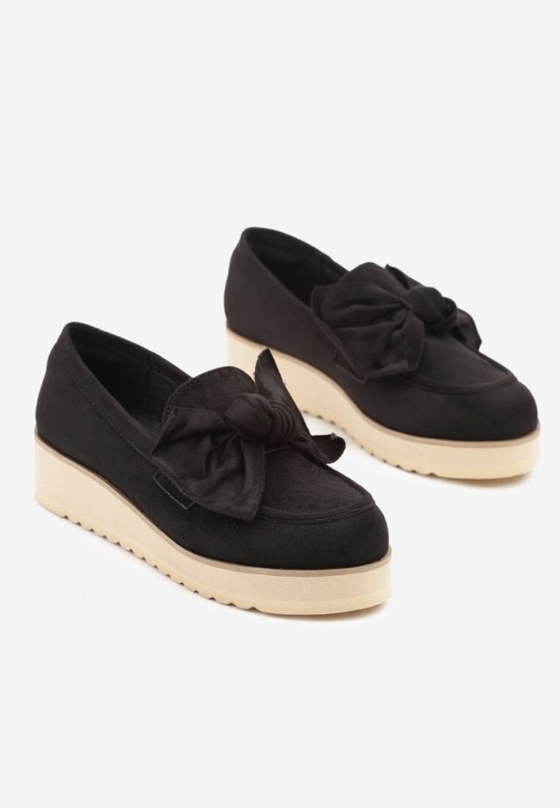 Czarne Mokasyny z Imitacji Zamszu na Grubej Podeszwie Zdobione Kokardką Nusadea