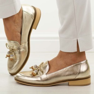Złote skórzane Polskie mokasyny damskie Deoni D042