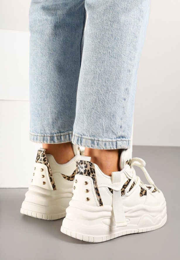 Beżowe Sneakersy w Streetwearowym Stylu na Tłoczonej Platformie z Brokatem Mailienne