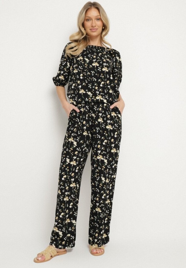 Czarne Spodnie z Wysokim Stanem w Kwiaty Borsedi