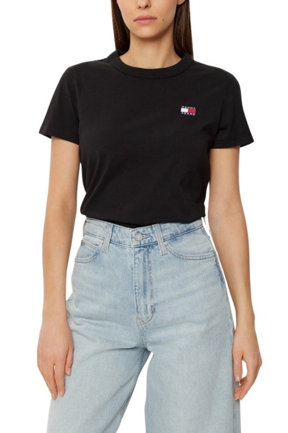 TOMMY JEANS Czarny damski t-shirt z małym logo, Rozmiar S