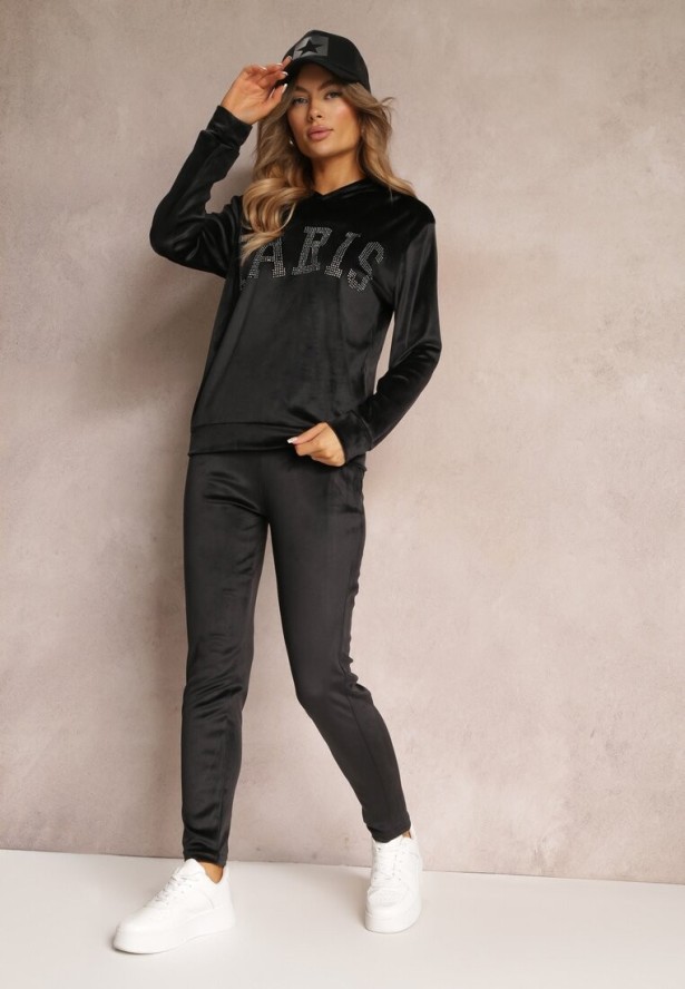 Czarny 2-częściowy Welurowy Komplet Dresowy z Bluzą i Spodniami Yamiya