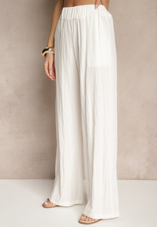 Biały Komplet z Wiskozą Spodnie o Szerokim Kroju i Bluzka z Baskinką Evellimi