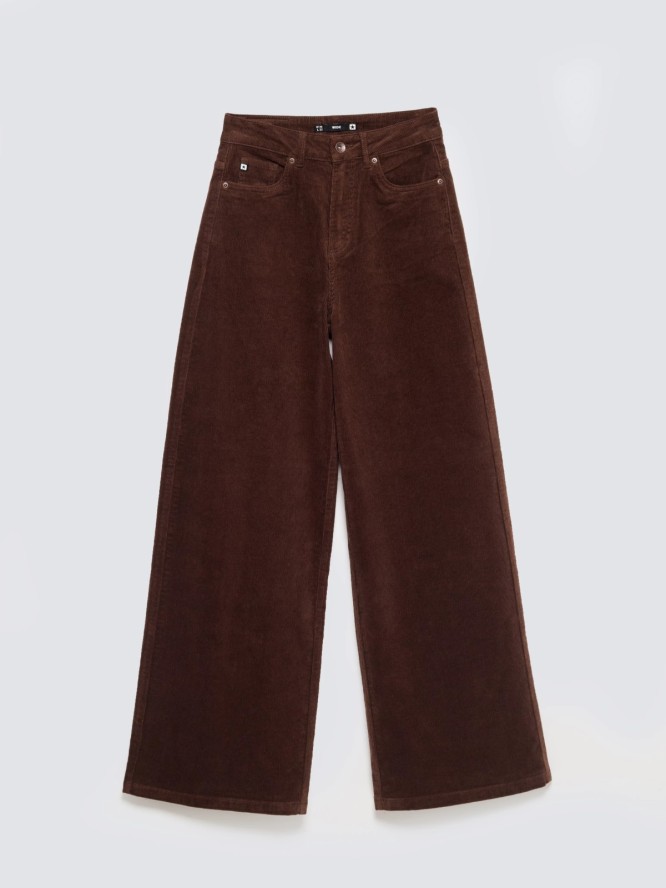 Spodnie damskie sztruksowe z szeroką nogawką ciemnobrązowe Celinesi 804