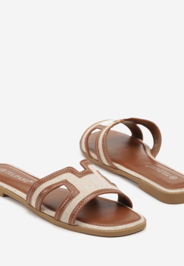 Brązowo-Beżowe Klapki z Geometryczną Cholewką Idanitia