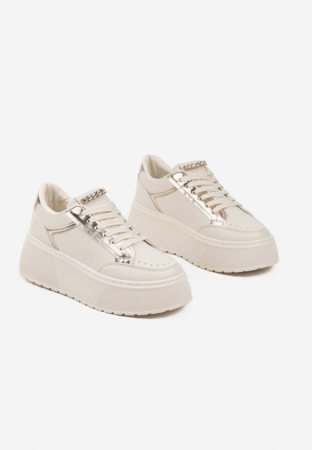 Beżowe Sneakersy na Grubej Podeszwie z Ozdobnymi Przeszyciami Tataniel