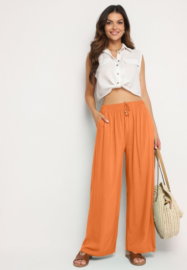 Pomarańczowe Gładkie Spodnie z Gumką w Pasie i Szerokimi Nogawkami Alathera