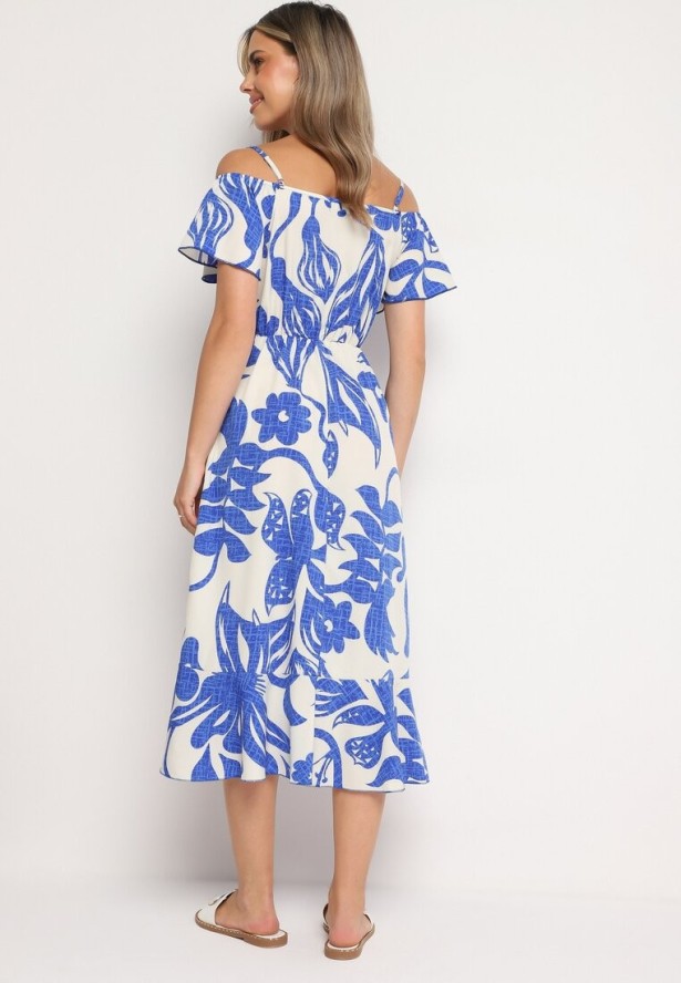 Niebiesko-Biała Sukienka Typu Hiszpanka na Ramiączkach z Gumką w Pasie i Kopertowym Dołem Nellithine