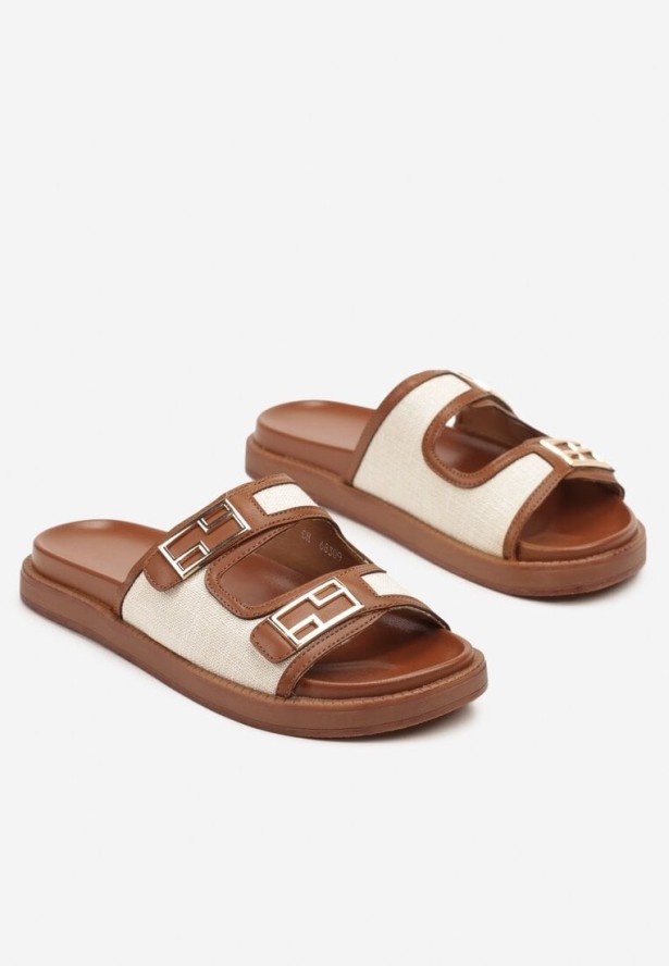 Brązowo-Beżowe Klapki z Metaliczną Ozdobą Tolirissa