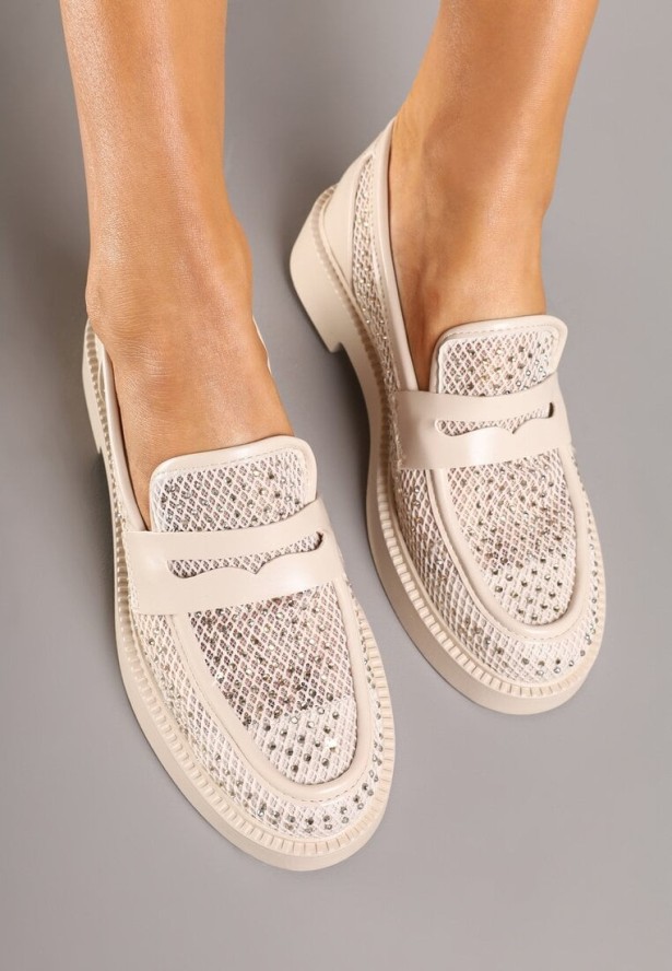 Beżowe Mokasyny z Ozdobną Siateczką Pokrytą Cyrkoniami Senarisea