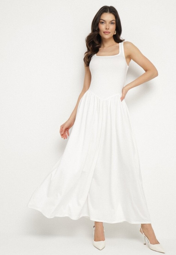 Biała Sukienka z Wiskozą o Rozkloszowanym Kroju z Kwadratowym Dekoltem Tilvia