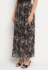 Czarna Rozkloszowana Spódnica Plisowana z Metalicznym Nadrukiem w Kwiatowy Wzór Folireia