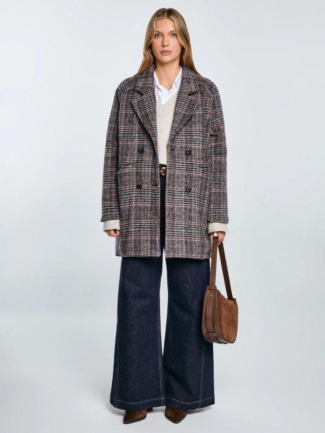 Płaszcz damski z dodatkiem wełny kratę szary Ariela 000