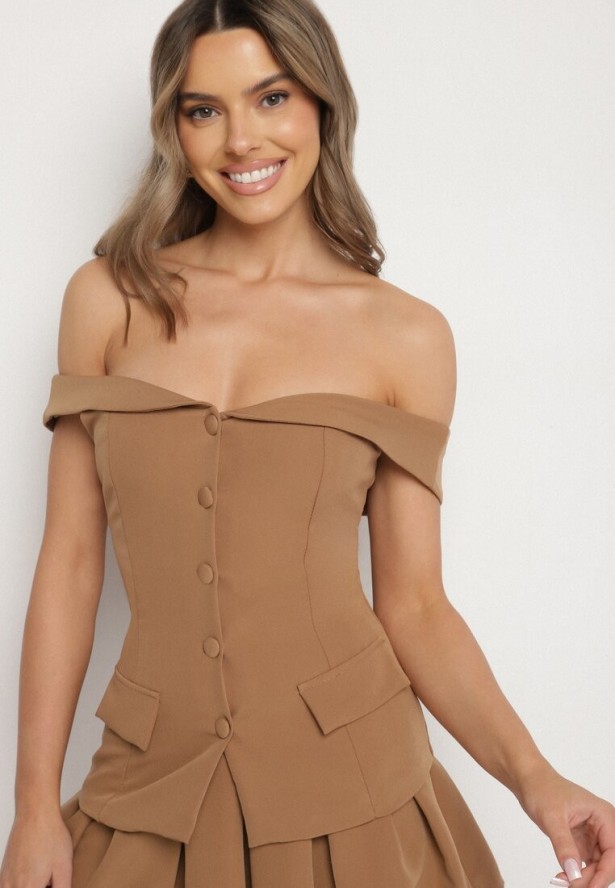 Brązowy Komplet Spódnica i Bluzka Hiszpanka z Guzikami i Imitacją Kieszeni Salendrea