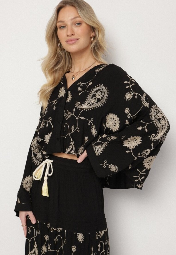 Czarny Komplet z Wiskozy w Stylu Boho Koszula Nietoperz i Spódnica Sepalisse