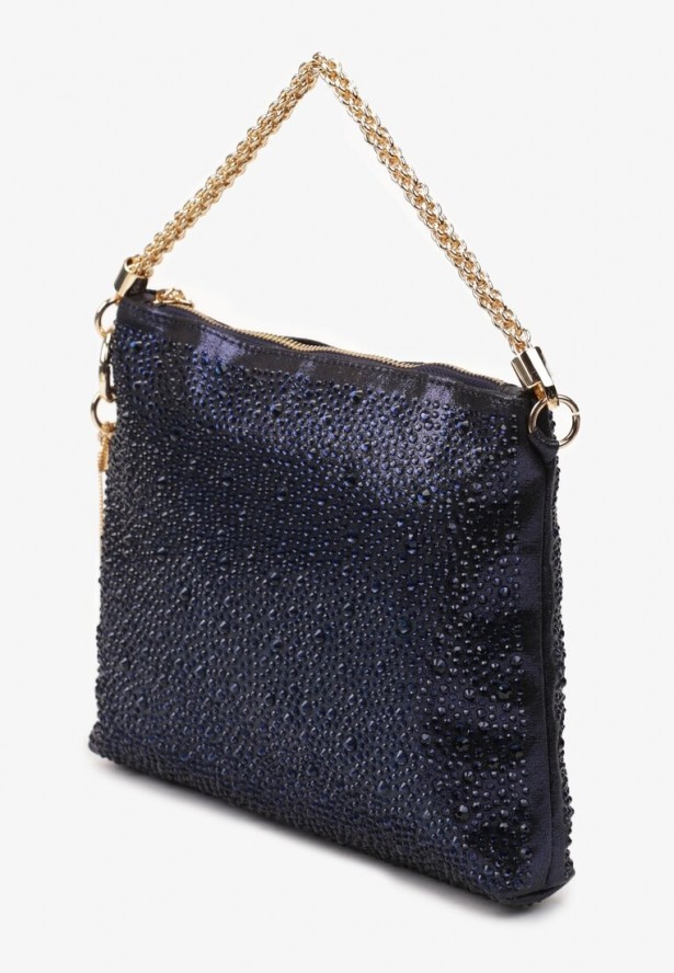 Niebieska Torebka z Materiału Ozdobionego Cyrkoniami i z Rączką z Frędzlami Korella