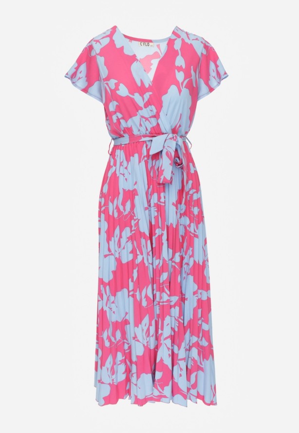 Różowo-Niebieska Kopertowa Plisowana Sukienka Koktajlowa z Gumką i Paskiem w Talii Benelsea