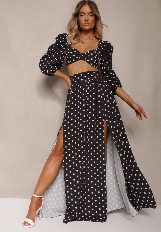 Czarny 2-Częściowy Komplet w Kropki Krótki Top z Dekoltem Spódnica z Gumką w Talii Wandrea
