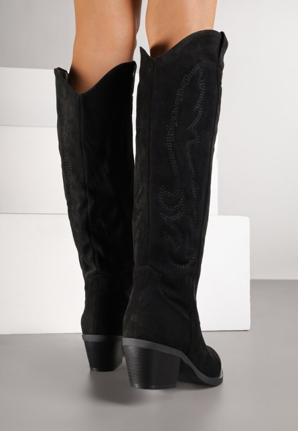 Czarne Kozaki Kowbojki w Klasycznym Stylu z Imitacji Zamszu Lataselia