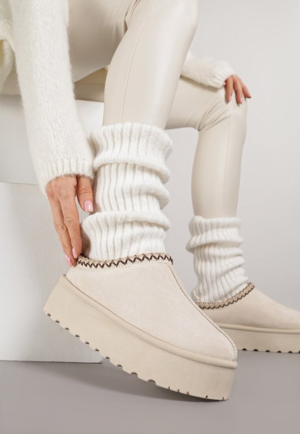 Beżowe Śniegowce na Grubej Podeszwie z Ozdobnym Haftem Zivirae