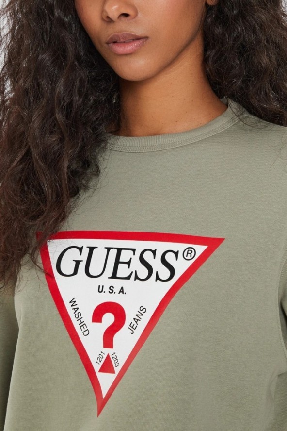 GUESS Zielona bluza damska z dużym logo Original Fleece, Rozmiar M