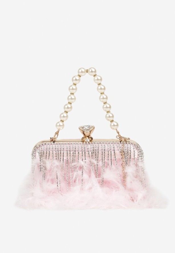Różowa Torebka Kopertówka Vices z Perłową Rączką Piórami i Łańcuszkiem Feselissa
