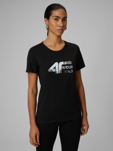 4F T-shirt regular z nadrukiem damski - czarny S
