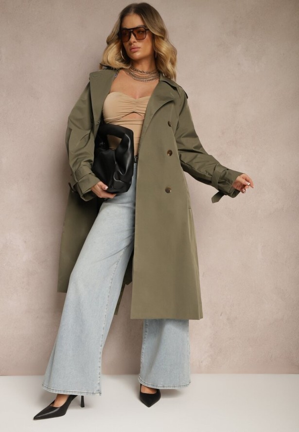 Ciemnozielony Płaszcz Trencz Dwurzędowy z Paskiem Lene