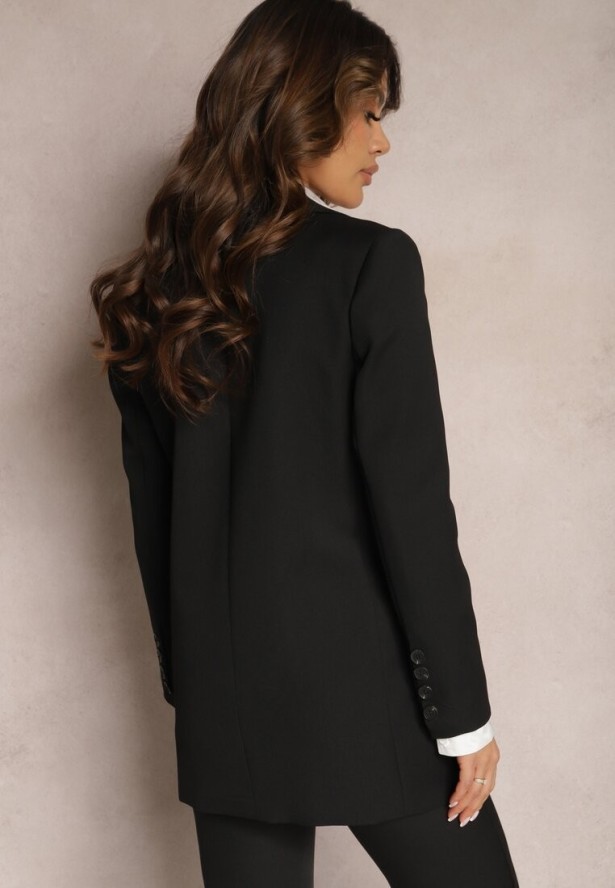 Czarna Marynarka Dwurzędowa z Frędzlami przy Kieszeniach Marla