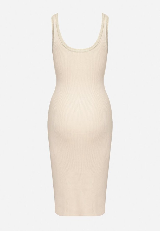 Jasnobeżowa Dopasowana Sukienka z Wiskozą na Ramiączkach z Prążkowanego Materiału Niarielle