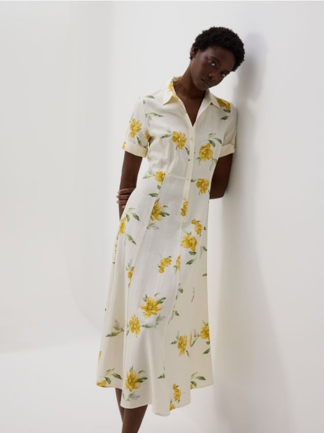 Sukienka midi z domieszką lnu - jasnożółty