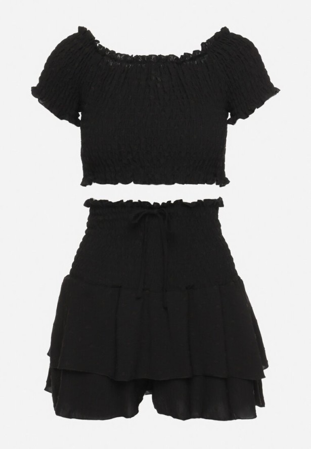 Czarny Komplet Top w Stylu Hiszpanki i Spódnico-Szorty z Gumką Quillatta
