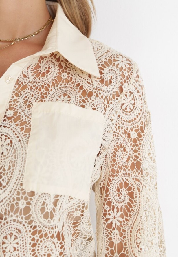 Jasnobeżowa Ażurowa Koszula z Kieszeniami Clarimonda
